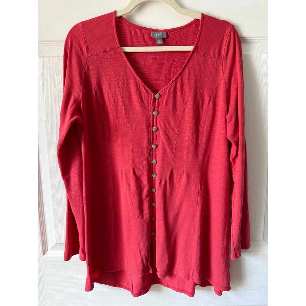 J. Jill Vintage Slub Cotton Button Front Tunic Top Pink Long‎ Sleeve Size M